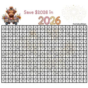 May include: A savings tracker with a grid of numbers, designed to save $2026 by 2026. The image includes a cute cow in a wagon with flowers and the text "Save $2026 in 2026."