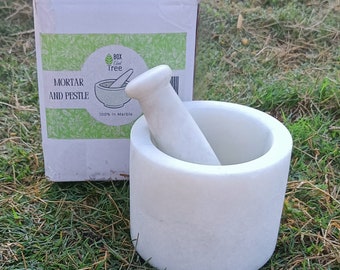 Mortier Et Pilon En Marbre Blanc Naturel - Grand Modèle 13cm - Fait Main Pour épices, Herbes, Pesto - Ustensile De Cuisine Artisanal