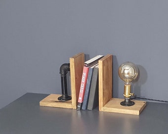 Desk book organizer, bookends rustik desk lamp, wood with Industrial lamp, Gift bookend for Men, bedside lamp