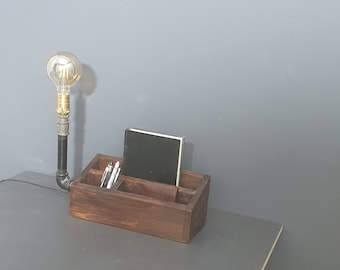 Wood Desk Organizer and Industrial Lamp, Industrial Lighting, Rustic home decor, table lamp for office, bedside lamp, bedside lighting