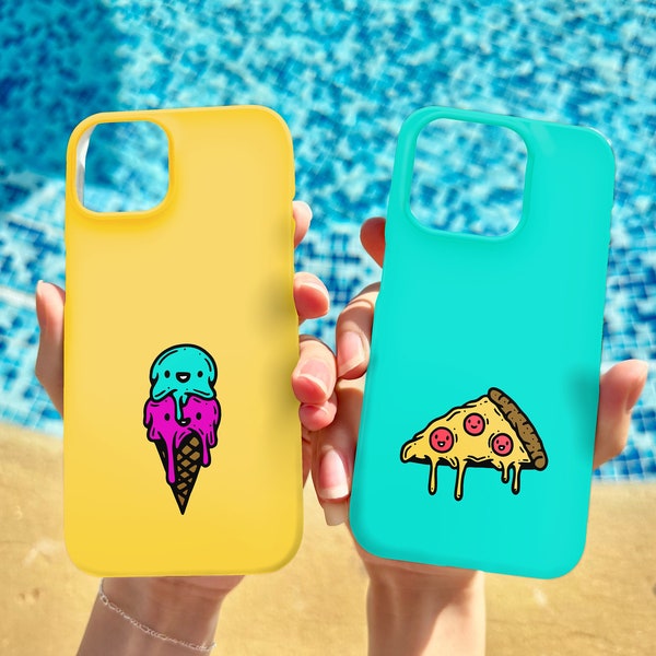 Ice Cream and Pizza Cute Smiley Happy Simple Blue and Yellow Summer Couples Matching Phone Cases for iPhone and Samsung