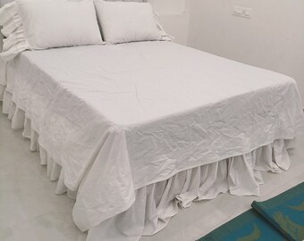 Linen flat sheet organic bed sheet linen bedding queen, linen bedspread-optical white bedspread-Softened linen bed cover-bed quilt