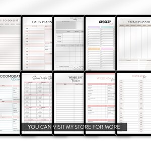 Puede incluir: Un conjunto de p&aacute;ginas de planificador digital imprimibles para organizar tareas diarias, horarios, listas de la compra y mucho m&aacute;s. Las p&aacute;ginas presentan un dise&ntilde;o minimalista con un fondo gris claro y texto negro.