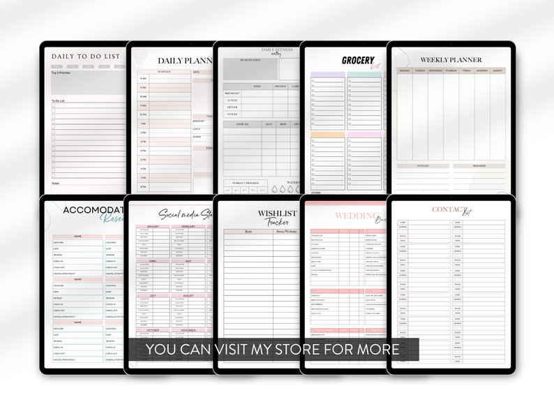 Puede incluir: Un conjunto de p&aacute;ginas de planificador digital imprimibles para organizar tareas diarias, horarios, listas de la compra y mucho m&aacute;s. Las p&aacute;ginas presentan un dise&ntilde;o minimalista con un fondo gris claro y texto negro.