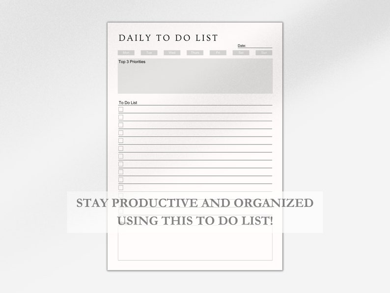 Puede incluir: Una lista de tareas diarias imprimible con una secci&oacute;n para las 3 prioridades principales y una secci&oacute;n grande para una lista de tareas. El texto "STAY PRODUCTIVE AND ORGANIZED USING THIS TO DO LIST!" est&aacute; en la parte inferior de la p&aacute;gina.