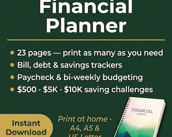以下が含まれることがあります： 暗い緑色の背景に白い文字で「Financial Planner」と書かれたデジタル家計簿。請求書、借金、貯蓄の追跡、予算編成ツールが含まれています。A4、A5、USレターサイズで印刷可能で、すぐにダウンロードできます。