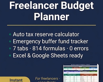 以下が含まれることがあります： ダークブルーの背景を持つFreelancer Budget Plannerスプレッドシートテンプレート。自動税金積立計算機、緊急予備費トラッカー、7つのタブ、814の数式を備え、ExcelおよびGoogleスプレッドシートに対応しています。