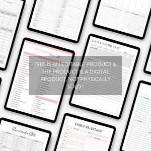 Puede incluir: Un conjunto de planificadores digitales imprimibles para organizar tareas, eventos y listas. Los planificadores incluyen una lista de tareas diarias, un planificador diario, una lista de verificaci&oacute;n de bodas, una lista de empaque y un rastreador de estad&iacute;sticas de redes sociales. El texto en la imagen dice "&iexcl;Este es un producto editable y el producto es un producto digital, no se vende f&iacute;sicamente!"