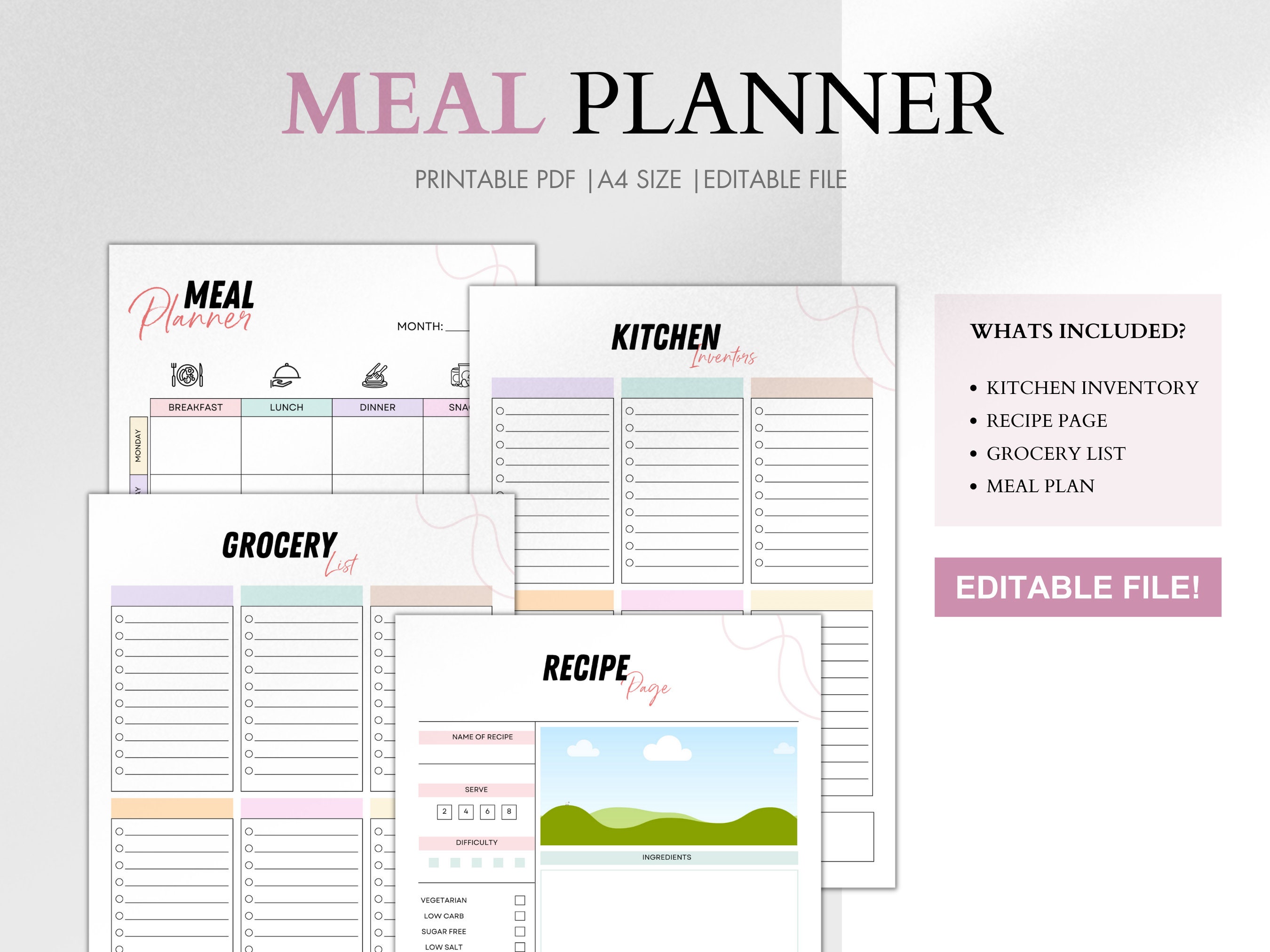 Editable Colorful Meal Planner Printable, Digital Planner, Weekly Meal ...