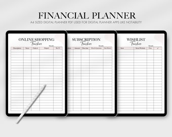 May include: A digital planner with three sections: Online Shopping Tracker, Subscription Tracker, and Wishlist Tracker. Each section has a table with columns for tracking different information.