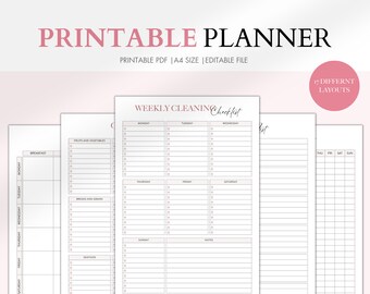 May include: Printable planner with 17 different layouts. The planner includes a weekly cleaning checklist, a meal planner, and a blank grid page. The pages are white with black text and lines.
