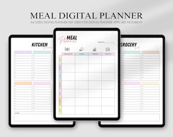 Puede incluir: Un planificador de comidas digital con tres secciones: Inventario de cocina, Planificador de comidas y Lista de la compra. La sección Planificador de comidas tiene columnas para el desayuno, el almuerzo, la cena y los refrigerios. Las secciones Inventario de cocina y Lista de la compra tienen varias casillas de verificación para enumerar los artículos.