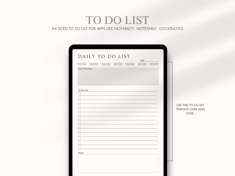 Puede incluir: Una plantilla de planificador digital en blanco y negro para listas de tareas diarias. La plantilla incluye secciones para las 3 prioridades principales, una lista de tareas y notas. El texto "USE THIS TO DO LIST TEMPLATE OVER AND OVER." se encuentra en la esquina inferior derecha de la plantilla.