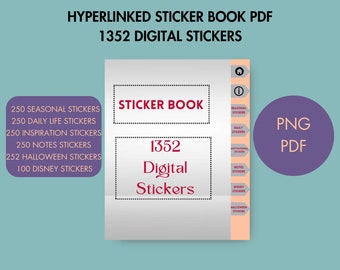 Puede incluir: Libro de pegatinas digitales PDF con 1352 pegatinas. La portada presenta las palabras "Sticker Book" y "1352 Digital Stickers". Incluye pegatinas de temporada, vida diaria, inspiración, notas, Halloween y Disney. La imagen está sobre un fondo turquesa.