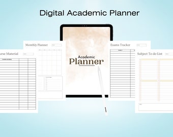 Puede incluir: Un planificador académico digital con un fondo beige y el texto "Academic Planner". El planificador incluye secciones para un calendario mensual, material del curso, un rastreador de exámenes y una lista de tareas por materia.
