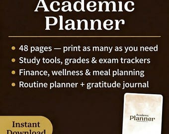 以下が含まれることがあります： 濃い茶色の背景にデジタルアカデミックプランナー。タイトル「Academic Planner」は白の太字で表示されています。48ページ、学習ツール、財務計画、感謝日記などの機能があります。「Instant Download」ボタンと小さなプランナー画像が表示されています。