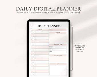 Puede incluir: Un planificador diario digital con un esquema de color rosa y blanco. El planificador incluye secciones para el horario, los recordatorios, el plan de comidas de hoy, el enfoque principal de hoy y las notas. El texto "DAILY PLANNER" está en la parte superior de la página.