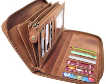 RFID Security Lined Zip Around Purse. Full Grain Hunter 22052