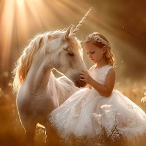 White Unicorn Digital Photography Background, Dreamy Autumn Backdrop, Fantasy Forest, Fairy Princess Kids Prop, Photoshop Composite