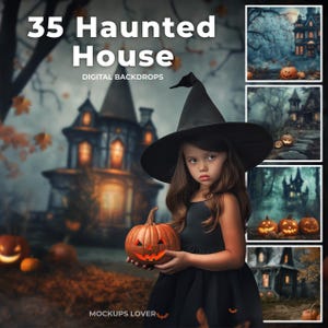 35 Haunted House Digital Background Bundle, Halloween jackolantern Backdrop, Village, Abandoned Mansion, Kids Portrait Prop, Pumpkin Patch