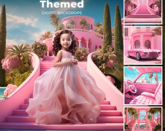 Fondos digitales inspirados en Barbie, paquete de telón de fondo Barbie Dream House, telón de fondo de muñeca, playa de Malibú, quinceañera, fantasía, edición de fotos