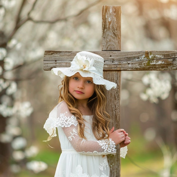 Spring Easter Cross digital background, White Blossom Digital Backdrop, Background Photography, Orchard Blossom, Grass, Nature, Crucifix