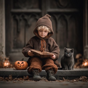Halloween Digital Photography Background, Fall Holiday Outdoor Backdrop, Black Cat, Jackolantern, Autumn Kids Prop, Photoshop Composite