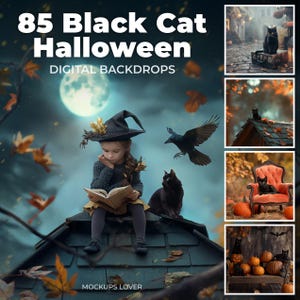85 Halloween Black Cat Digital Background Bundle, Autumn Creative Composite Photography Digital Backdrop, Halloween Pumpkins, Fall Leaves