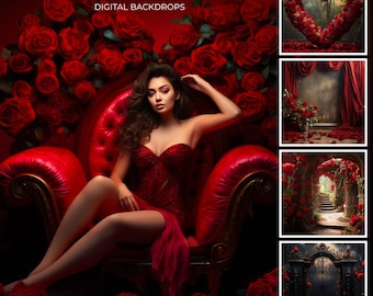 Red Roses Digital Backdrops, Red Roses Garden, Valentines Digital Backdrop Photography Composite, Romantic Outdoor Portrait Photoshoot