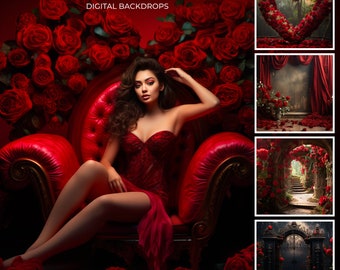 Red Roses Digital Backdrops, Red Roses Garden, Valentines Digital Backdrop Photography Composite, Romantic Outdoor Portrait Photoshoot