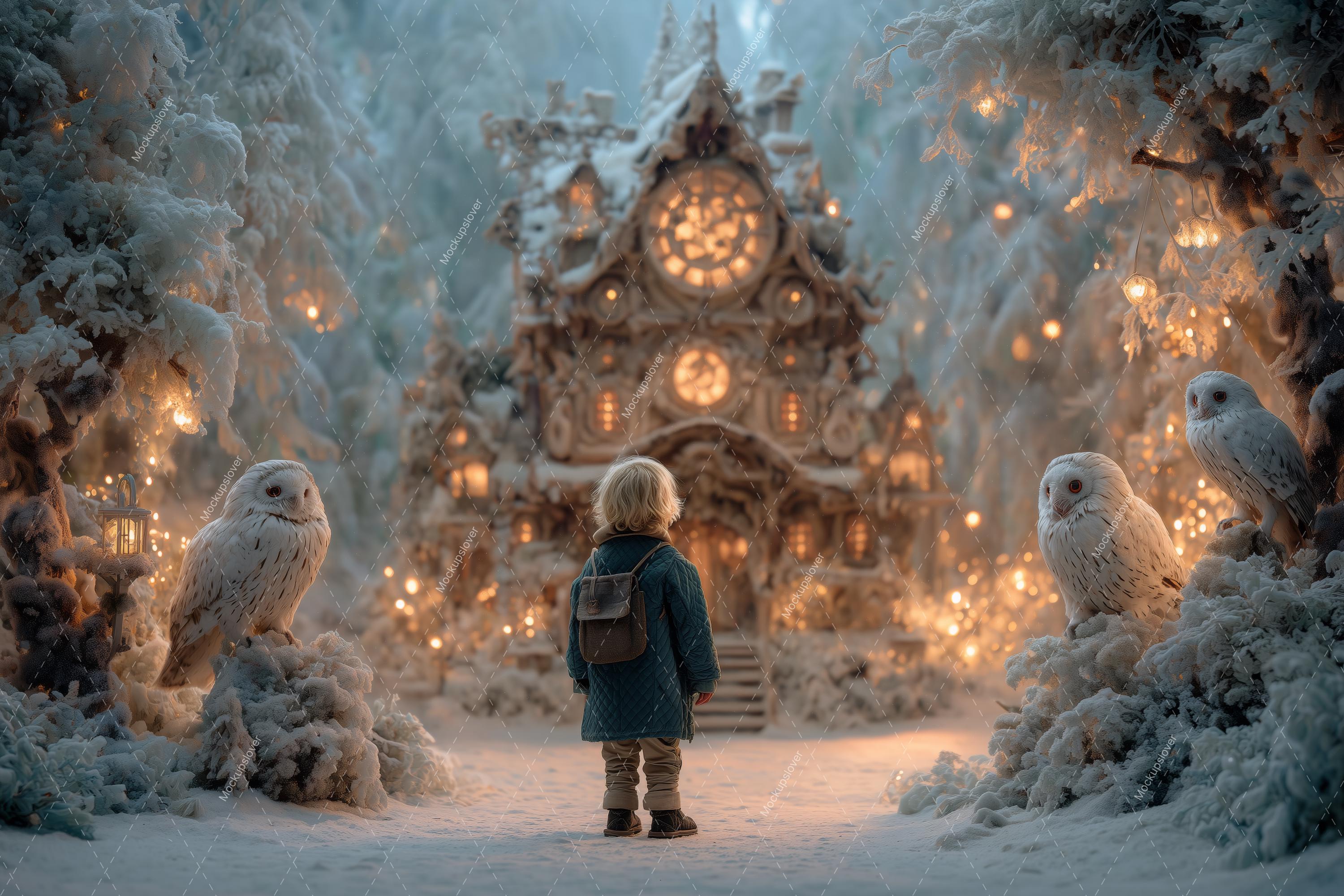 Christmas House Digital Backdrop, Woodland Animals, Wise Owls Photo Background, Winter Wonderland, H