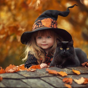 Halloween Black Cat Digital Photography Background, Rooftop Backdrop, Autumn Kids Creative Composite Prop, Fall Leaves, Witch Portrait