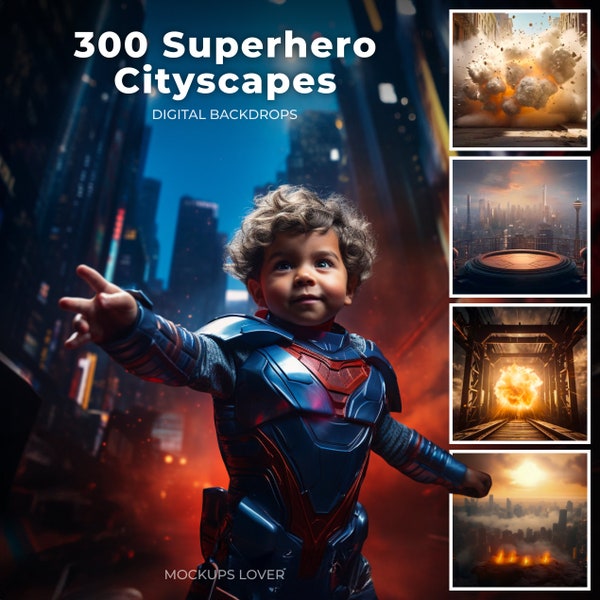 Toiles de fond numériques super héros pour compositions photographiques, super héros, ville en feu pour les enfants, métropole, ville, lot méga, araignée
