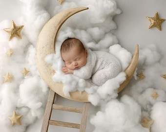 Newborn Digital Backdrop, Crescent Moon & Star, Studio Creative Composite Digital Background, Baby Boy Girl Photo Prop, Photoshop Template