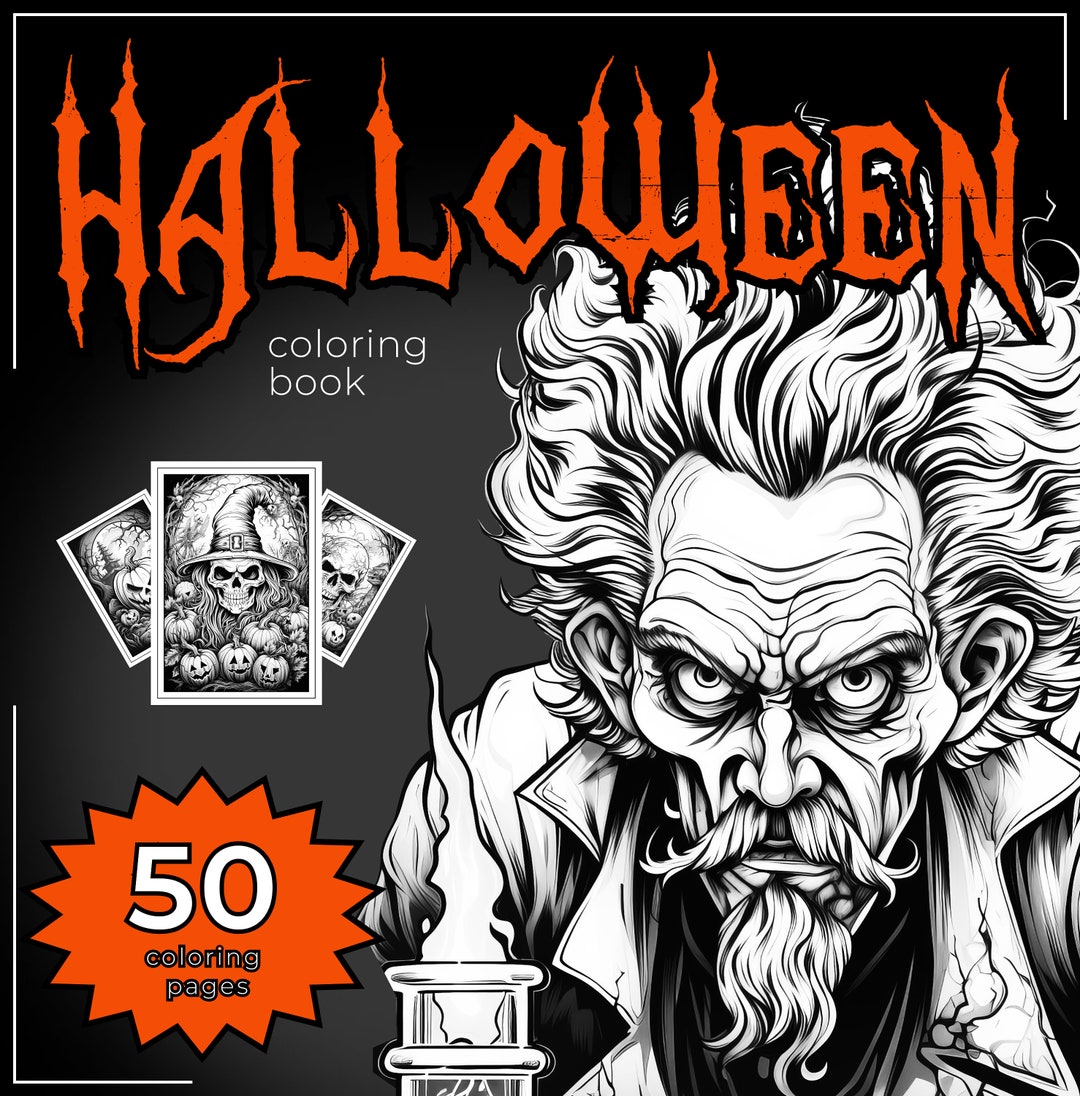 50 Halloween Coloring Pages for Adults Download Grayscale Coloring Book ...