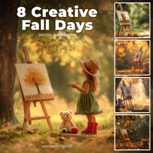 Back to school Digital Background, Fall Children Creative Composite Prop, Fall Leaves, Teddy Bear, Painting, Enchanted Autumn Forest Outdoor