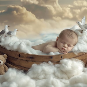 Sailboat Newborn Digital Background Baby Boy Girl, Fishing Boat Photography Backdrop, Wooden Boat, Ocean Sea, Baby Portrait Photo Prop