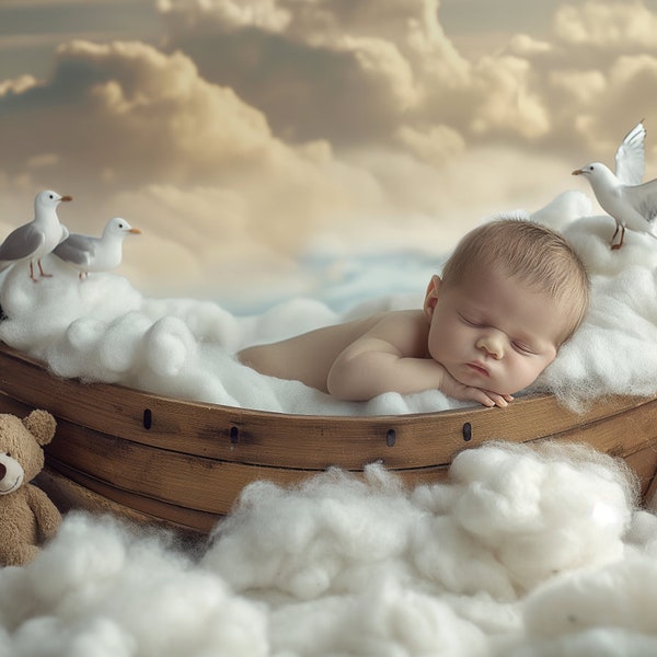 Sailboat Newborn Digital Backdrop baby boy girl, Fishing Boat Digital Backdrop, Wooden Boat, Ocean Sea Backdrop for Baby Portrait Photo Prop