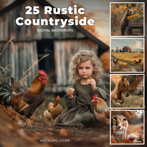Paquete de 25 fondos digitales de animales de granja, fondo rústico para fotografía: cerdo, pato, vaca, gallina, caballo, oso y camino otoñal. Descarga instantánea.