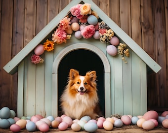 Toile de fond numérique pour niche pour chien de Pâques, toile de fond de Pâques de printemps, carte imprimable de Pâques, photo composite, toile de fond pour animal de compagnie, fond de niche pour animal de compagnie