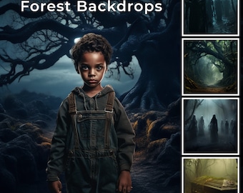 130 décors numériques effrayants de forêt d'Halloween, fond en bois hanté, fantôme d'Halloween, grange effrayante, maison effrayante, toile de fond de monstres