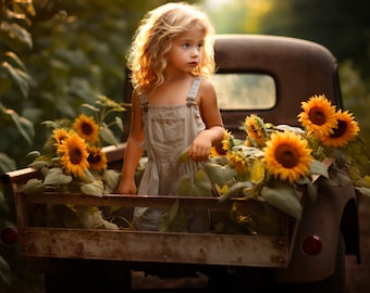 Sunflowers in a Vintage Pickup Truck Summer Backdrop, Sunflower field, Rustic Sunflower, Sunflower Background, vintage truck, truck bed