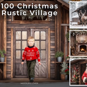100 kerstboerderij digitale achtergrondbundel, rustieke fotografieachtergrond, kerstdorp, Photoshop-sjabloon, rekwisieten voor kinderen en familie
