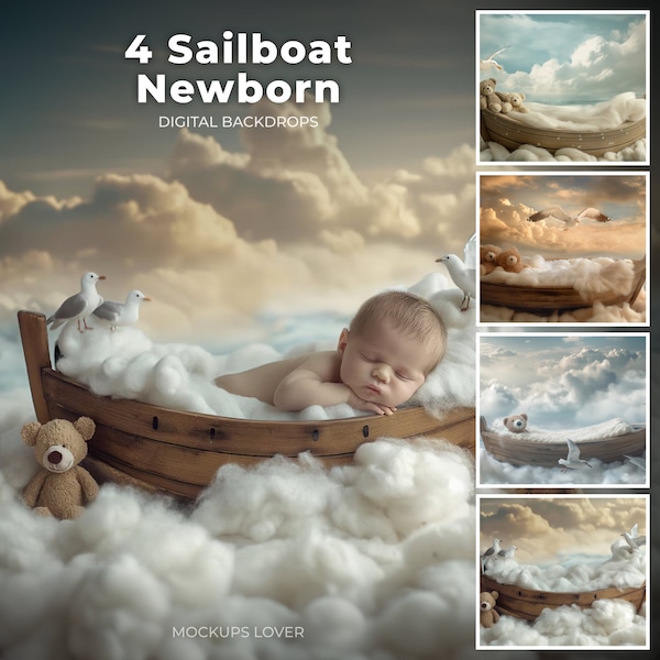 Sailboat Newborn Digital Backdrop baby boy girl, Fishing Boat Digital Backdrop, Wooden Boat, Ocean Sea Backdrop for Baby Portrait Photo Prop