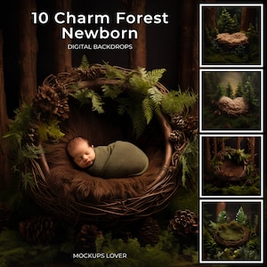 10 Forest Boy or Girl Newborn Digital Backdrops, Photography Background, Woodland backdrop, in the woods, bed, rustic, boy, girl, green