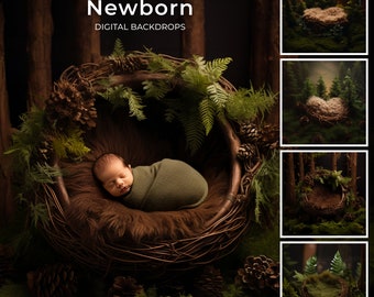 10 Forest Boy or Girl Newborn Digital Backdrops, Photography Background, Woodland backdrop, in the woods, bed, rustic, boy, girl, green