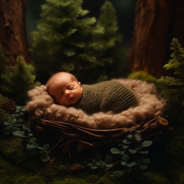 Forest Digital Backdrop, Newborn Digital Backdrop Woodland, Nest in the woods, bed, rustic, boy, girl, green forest, Composite photography