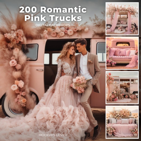 200 Romantic Pink Truck Digital Backdrops, Boho Wedding, Maternity, Photography Composite, Photoshop Overlays, Valentine's Day