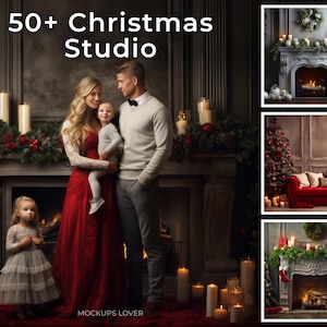 50+ Mega Bundle di sfondi digitali per studio natalizio, accessori per ritratti di bambini e famiglie, fondali natalizi, modelli di Photoshop, azioni di Photoshop