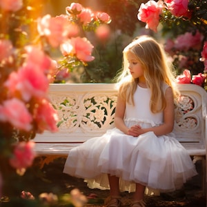 Fairy Rose Floral Garden Digital Photography Background, Flower Bench Backdrop, Kids Photo Outdoor Prop, Photoshop Composite
